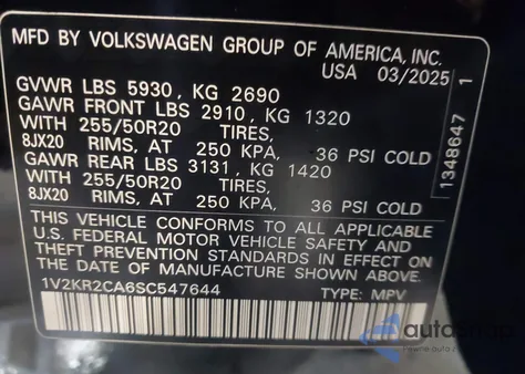 2025 Volkswagen Atlas 2.0T Se W/Technology z USA, uszkodzony, nr VIN 1V2KR2CA6SC547644